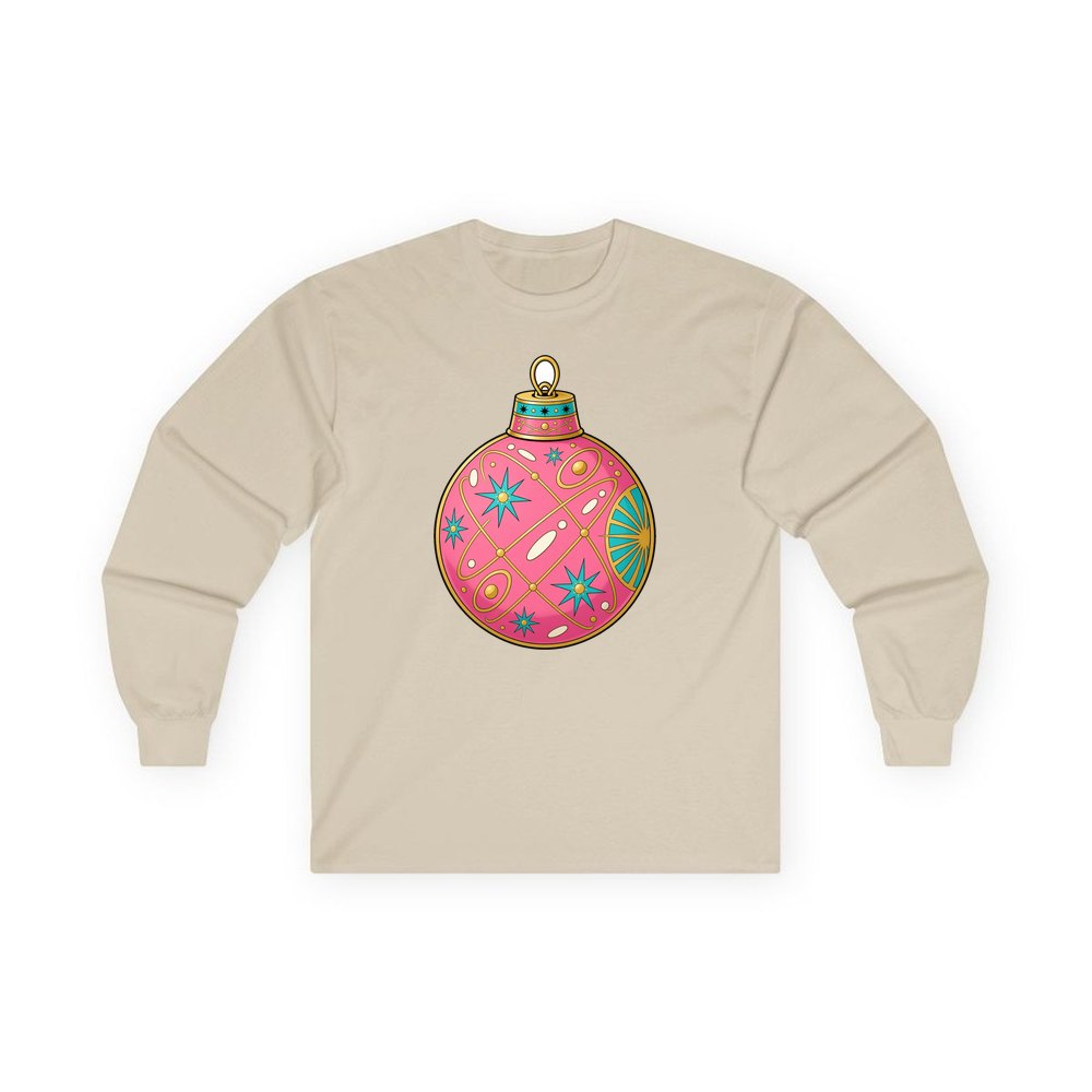 Pink Atomic Bauble personalised long sleeve Christmas T-shirt in sand