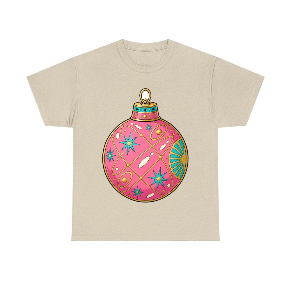 Pink Atomic Bauble personalised Christmas T-shirt in sand
