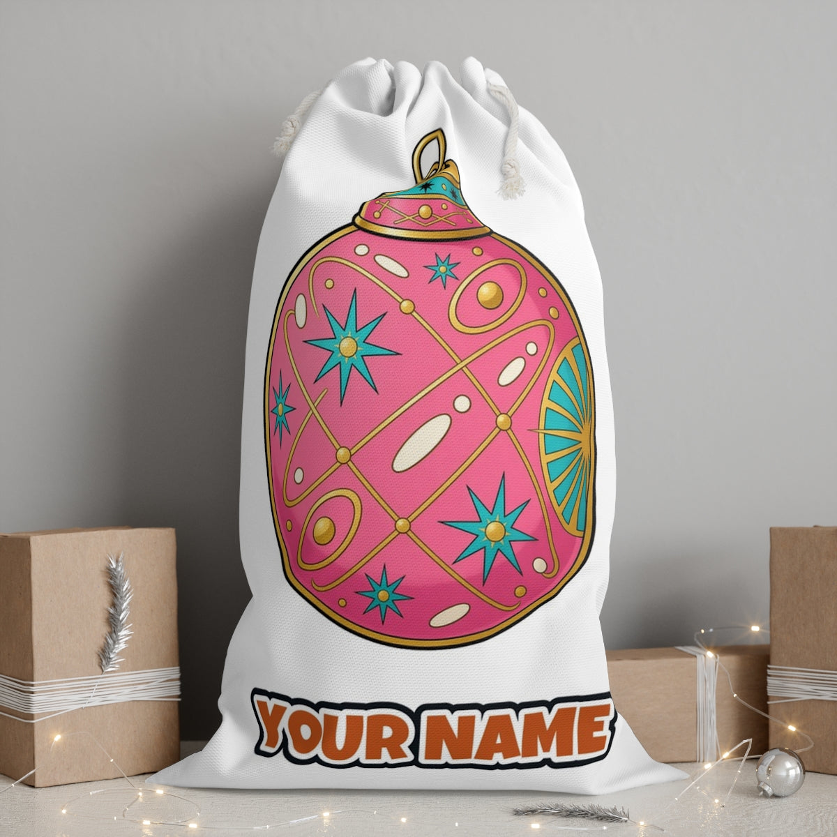 Pink Atomic Bauble personalised Santa sack, white, with the name printed under the artwork