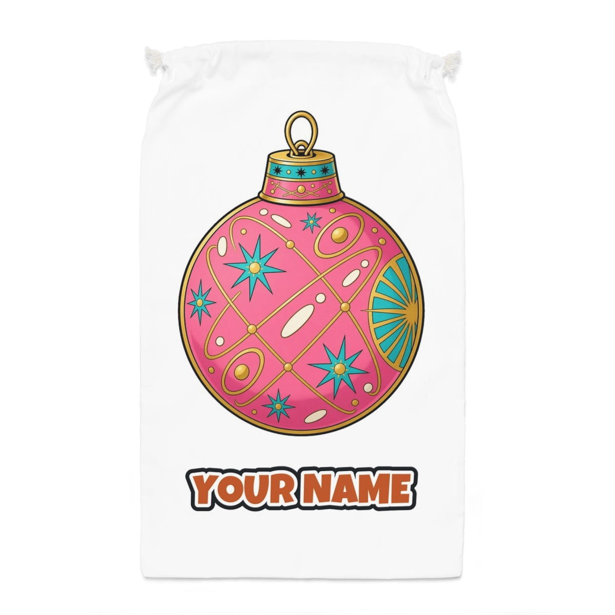 Pink Atomic Bauble Santa sack laid flat, showing the full print
