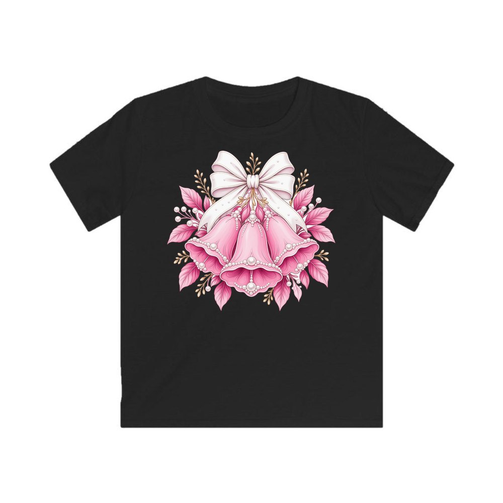 Pink Bells and Pearls personalised kids Christmas tee in black