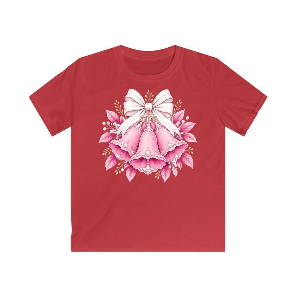 Pink Bells and Pearls personalised kids Christmas tee in red