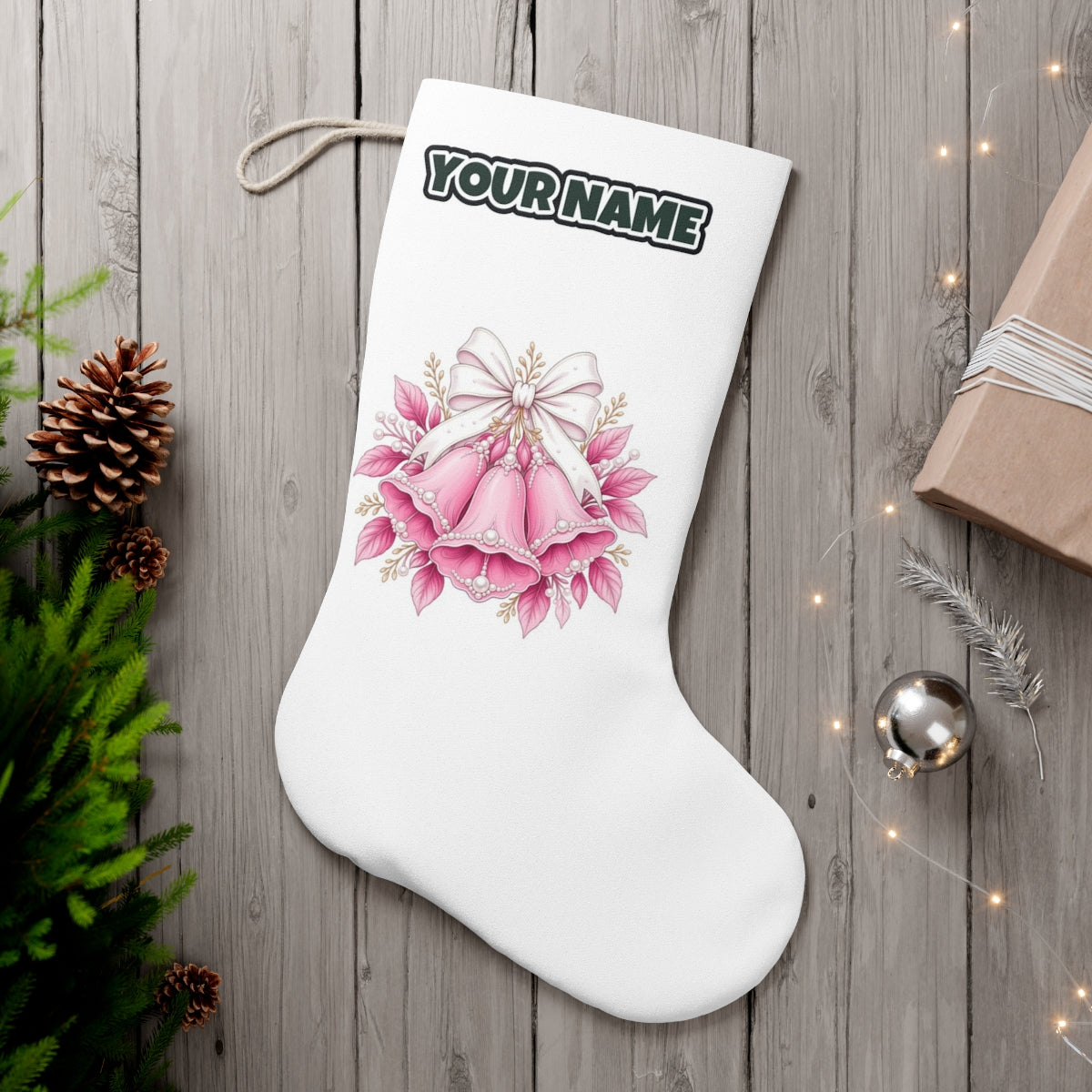 Pink Bells and Pearls personalised Christmas stocking, white, with the name across the top