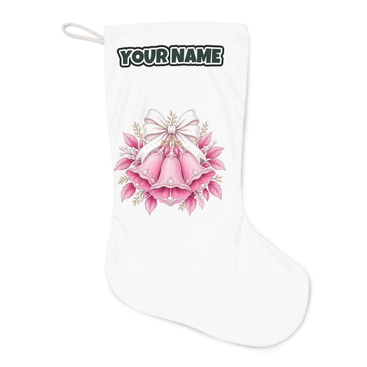 Pink Bells and Pearls Christmas stocking laid flat, showing the full print