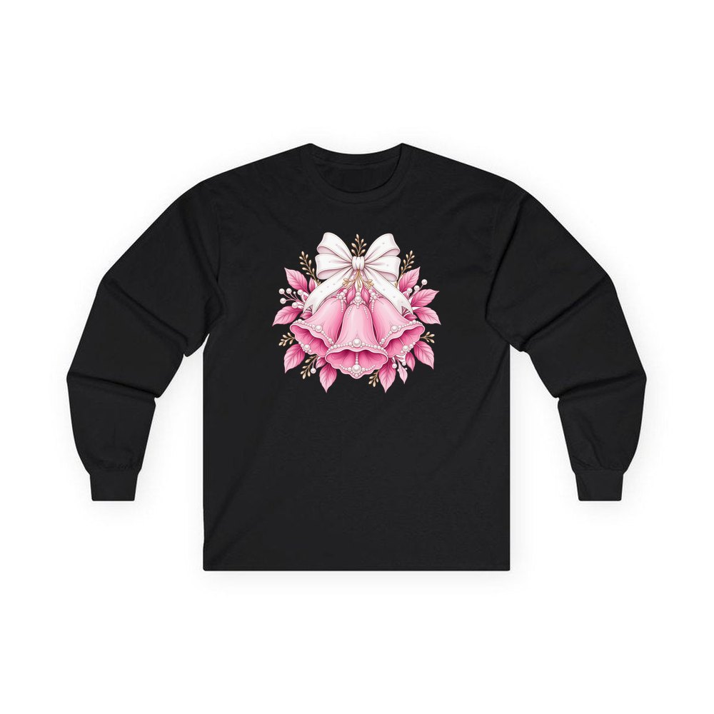 Pink Bells and Pearls personalised long sleeve Christmas T-shirt in black