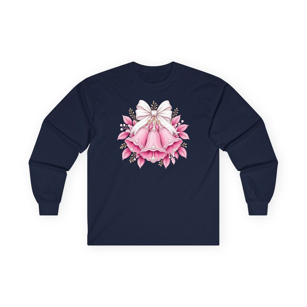 Pink Bells and Pearls personalised long sleeve Christmas T-shirt in navy
