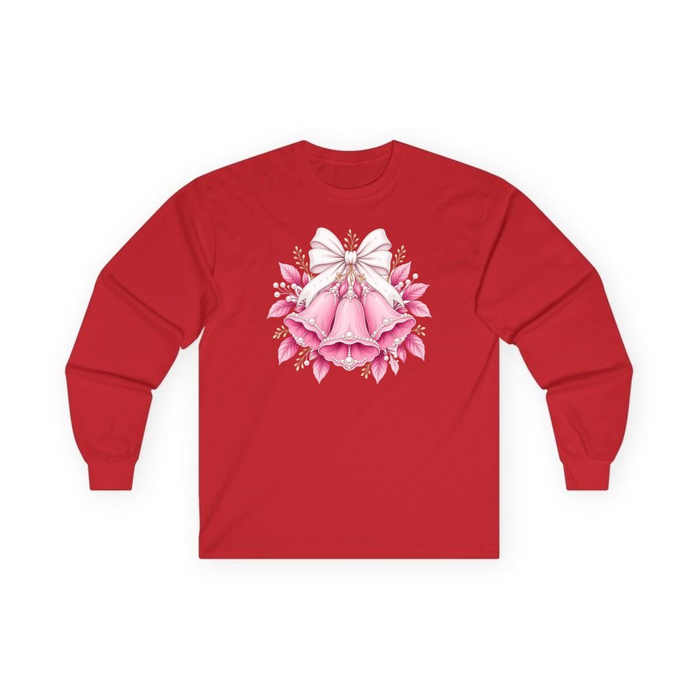 Pink Bells and Pearls personalised long sleeve Christmas T-shirt in red