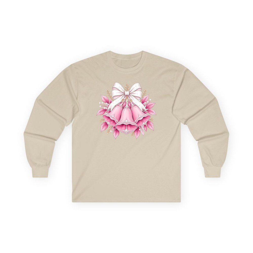 Pink Bells and Pearls personalised long sleeve Christmas T-shirt in sand