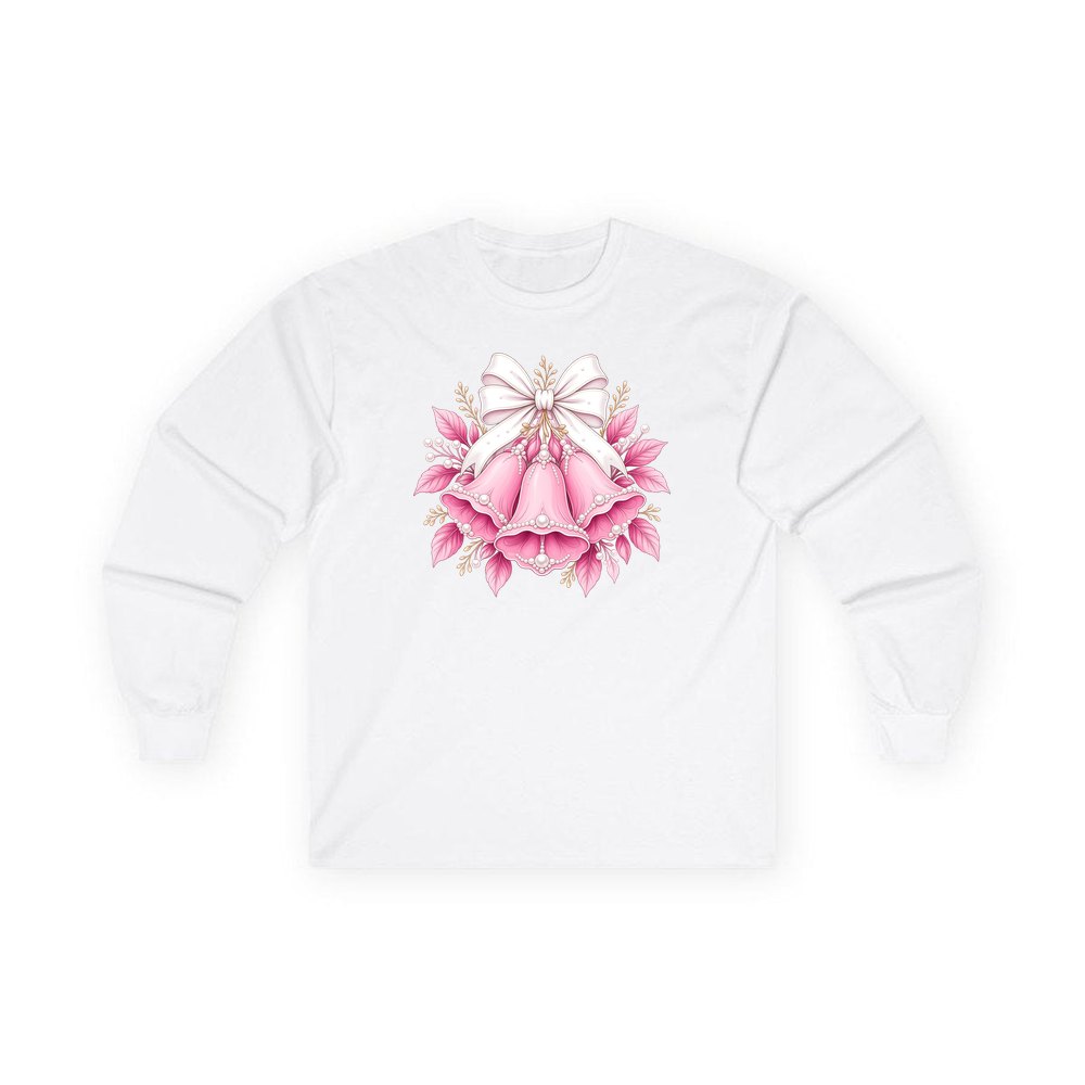 Pink Bells and Pearls personalised long sleeve Christmas T-shirt in white