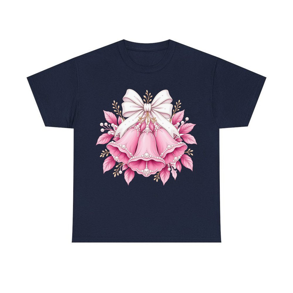 Pink Bells and Pearls personalised Christmas T-shirt in navy