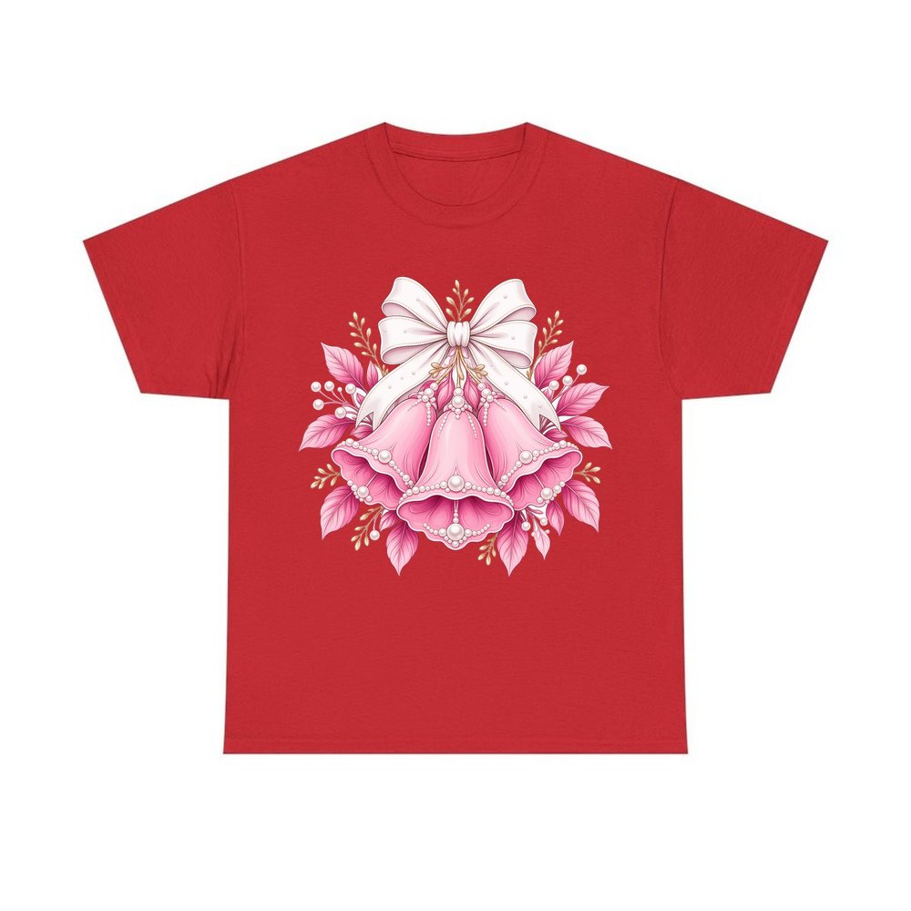 Pink Bells and Pearls personalised Christmas T-shirt in red