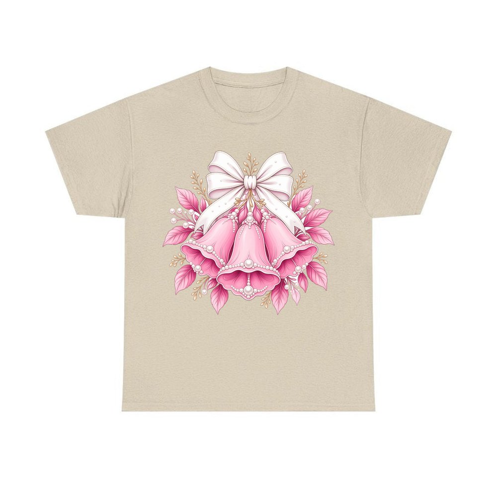 Pink Bells and Pearls personalised Christmas T-shirt in sand