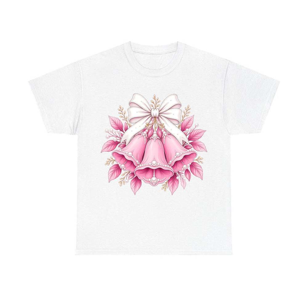 Pink Bells and Pearls personalised Christmas T-shirt in white