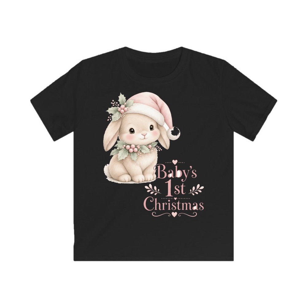 Pink Bunny First Christmas personalised kids Christmas tee in black