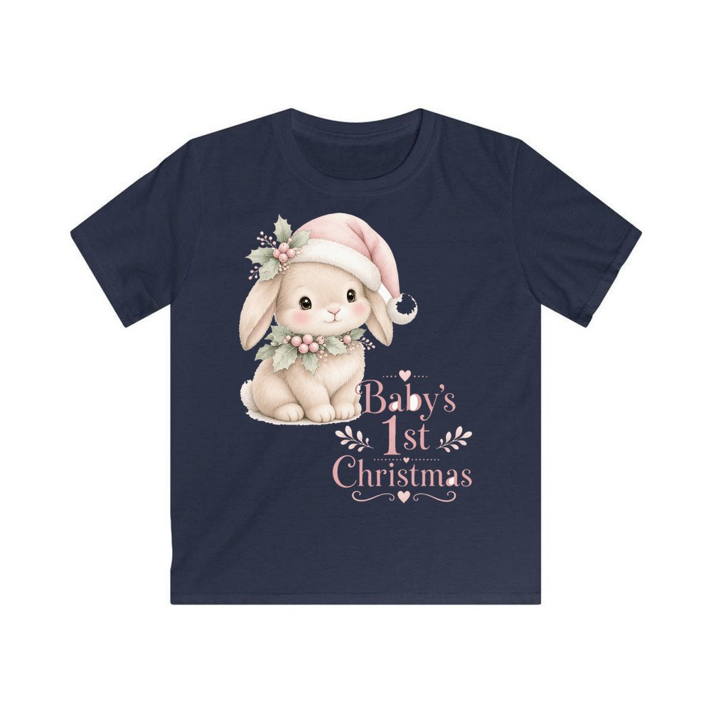 Pink Bunny First Christmas personalised kids Christmas tee in navy