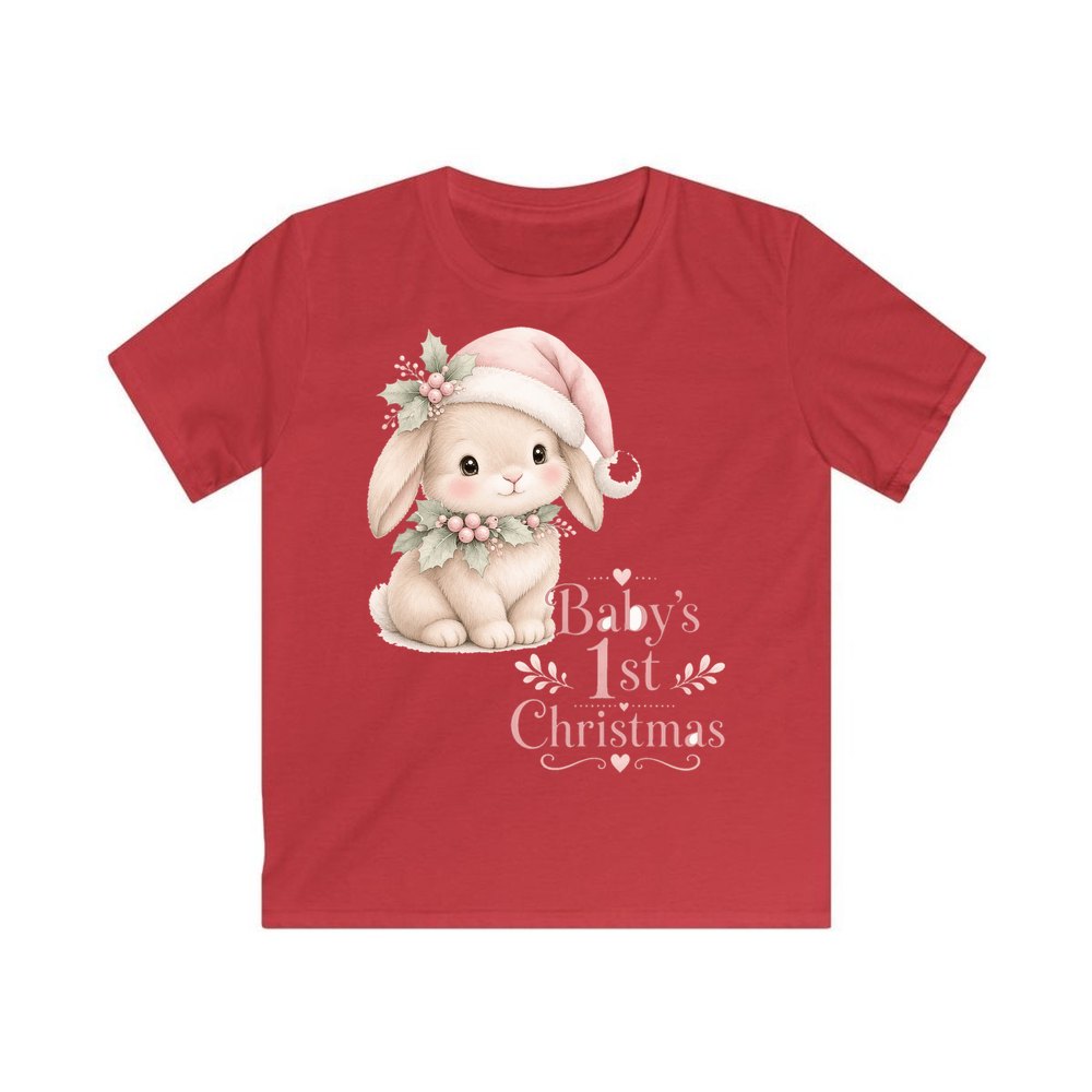 Pink Bunny First Christmas personalised kids Christmas tee in red
