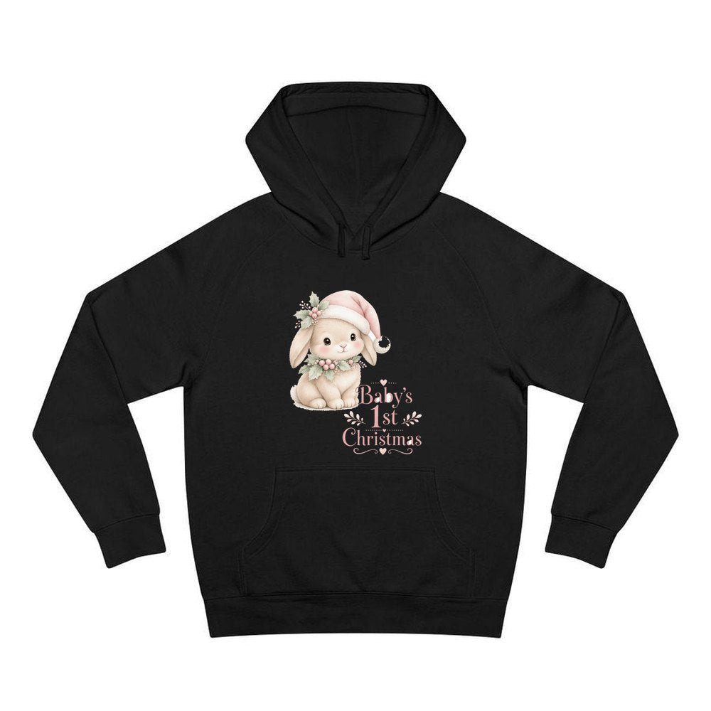 Pink Bunny First Christmas personalised Christmas hoodie in black