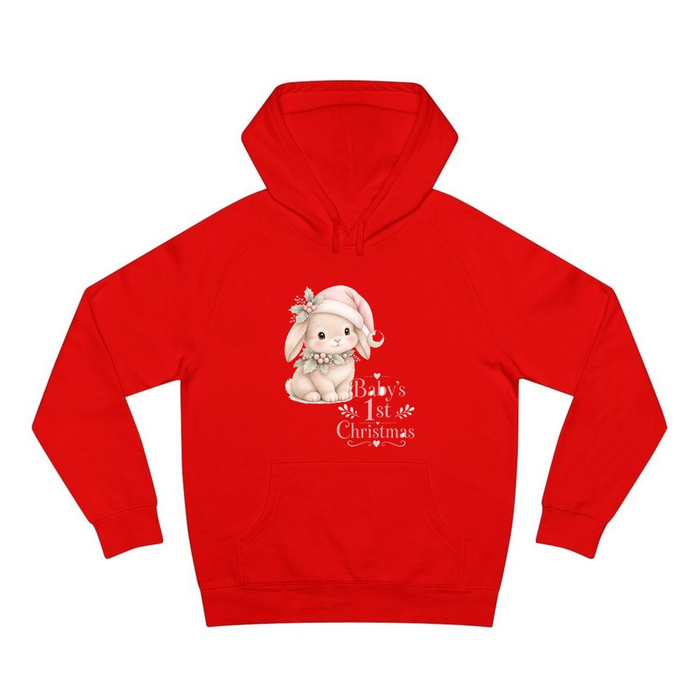 Pink Bunny First Christmas personalised Christmas hoodie in red