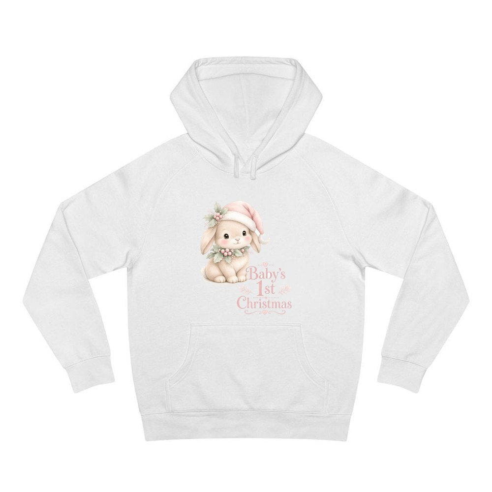 Pink Bunny First Christmas personalised Christmas hoodie in white