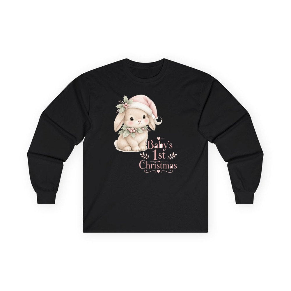 Pink Bunny First Christmas personalised long sleeve Christmas T-shirt in black
