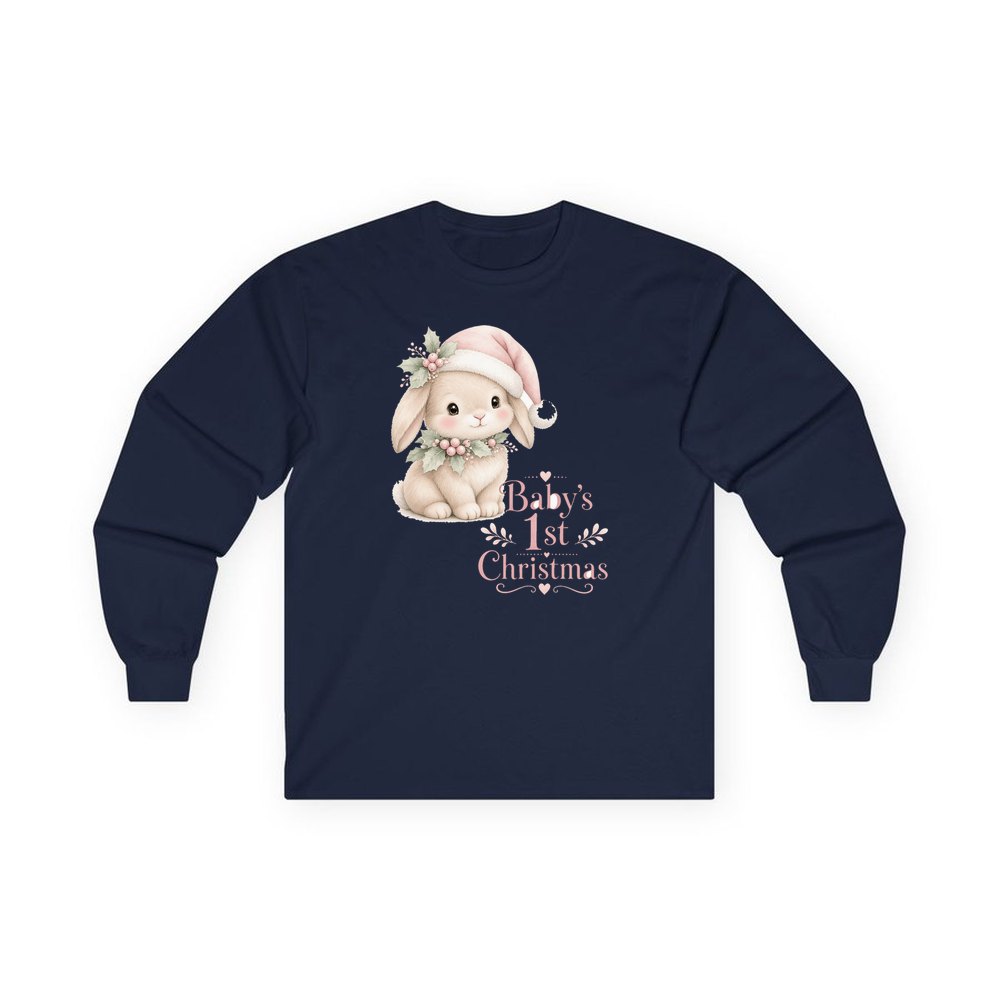 Pink Bunny First Christmas personalised long sleeve Christmas T-shirt in navy