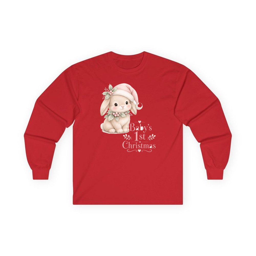 Pink Bunny First Christmas personalised long sleeve Christmas T-shirt in red