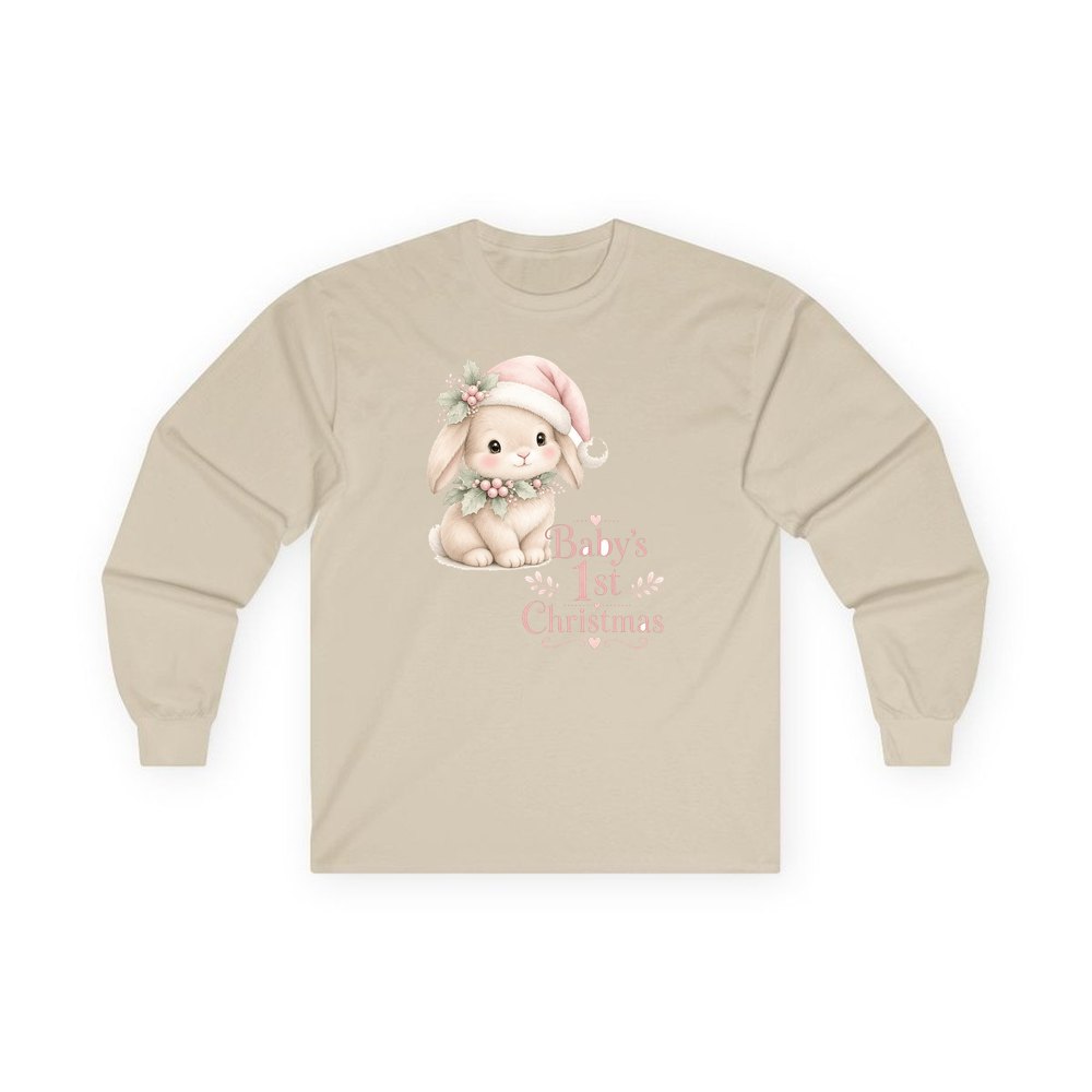 Pink Bunny First Christmas personalised long sleeve Christmas T-shirt in sand