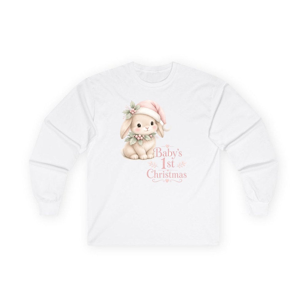 Pink Bunny First Christmas personalised long sleeve Christmas T-shirt in white