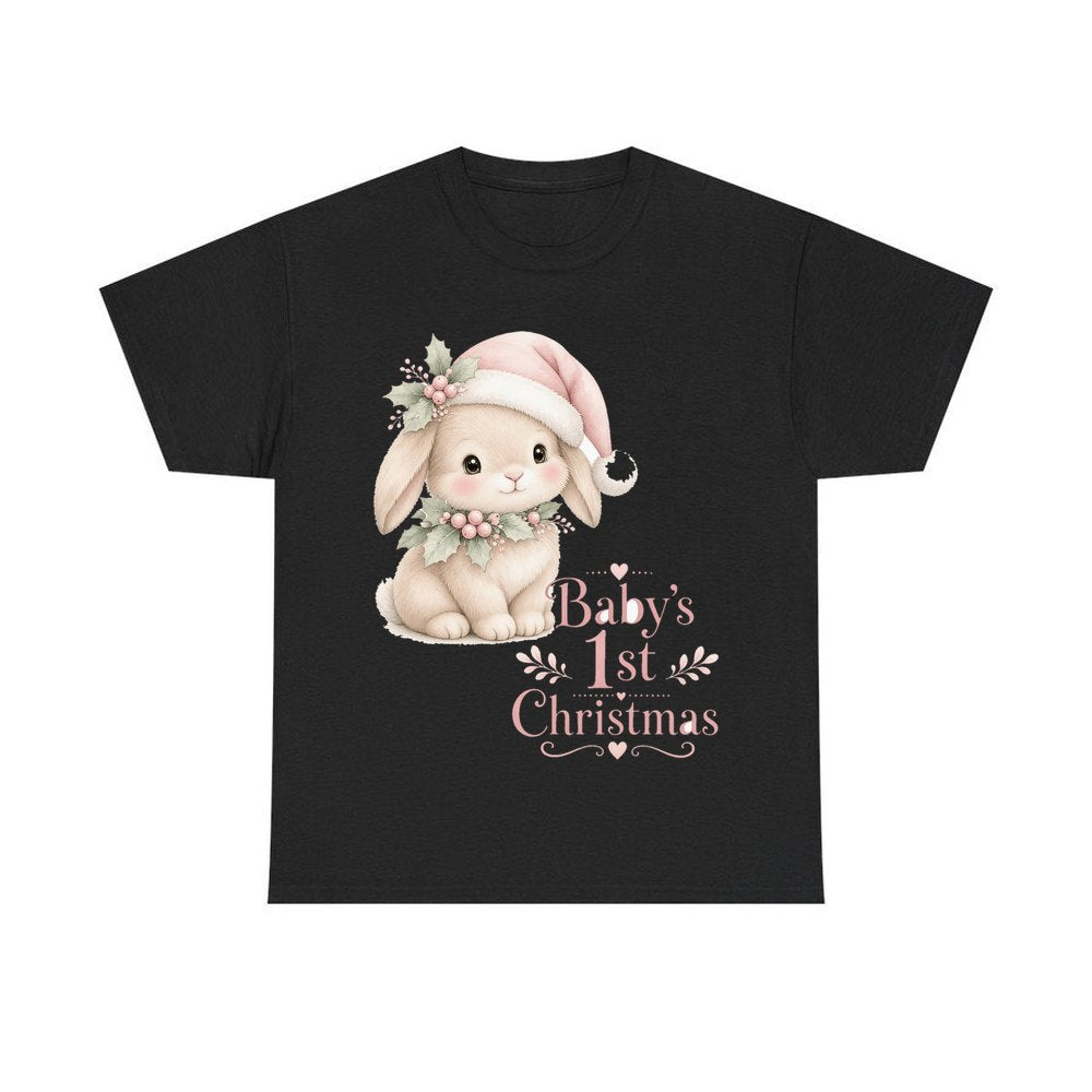 Pink Bunny First Christmas personalised Christmas T-shirt in black