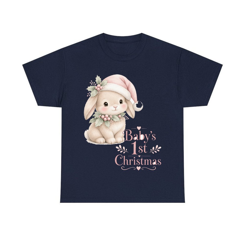Pink Bunny First Christmas personalised Christmas T-shirt in navy