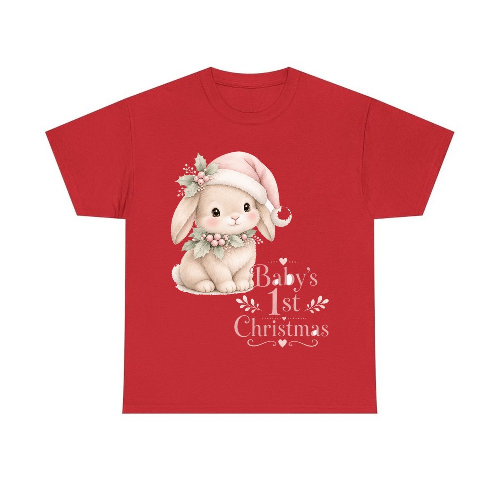 Pink Bunny First Christmas personalised Christmas T-shirt in red
