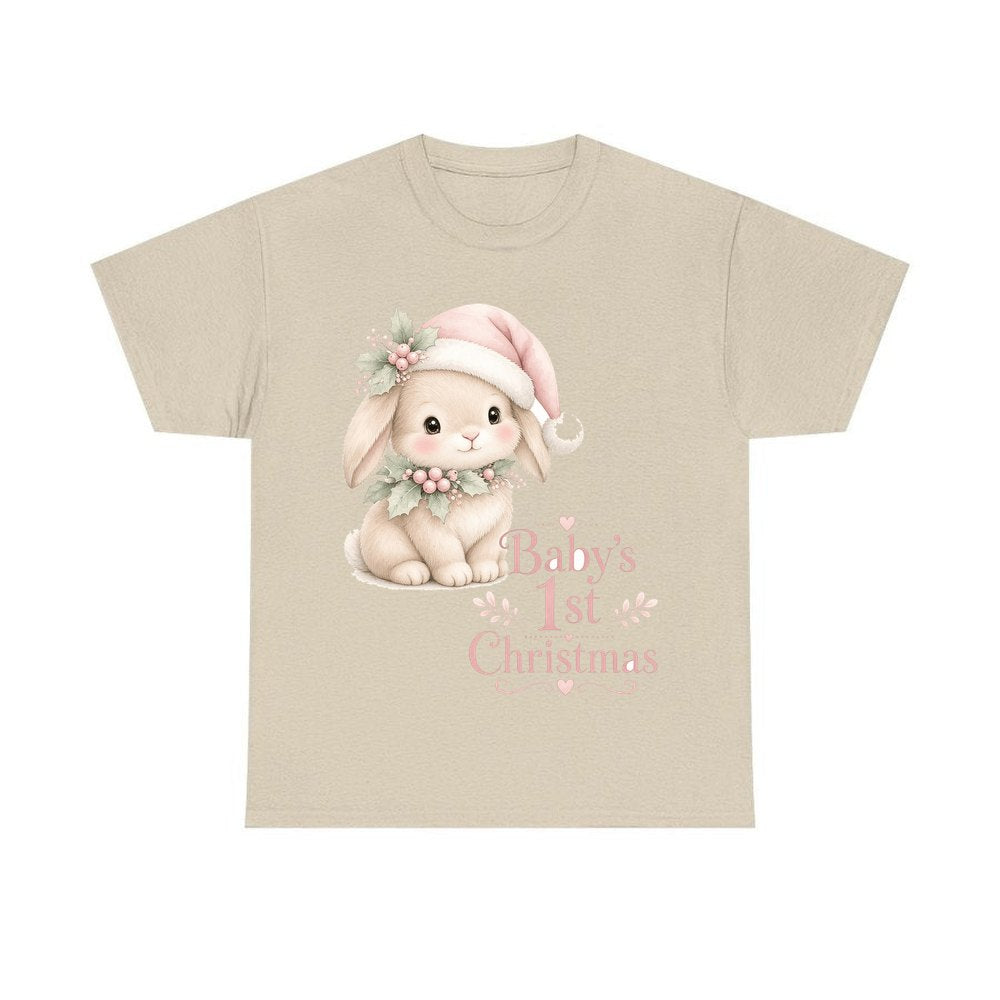 Pink Bunny First Christmas personalised Christmas T-shirt in sand