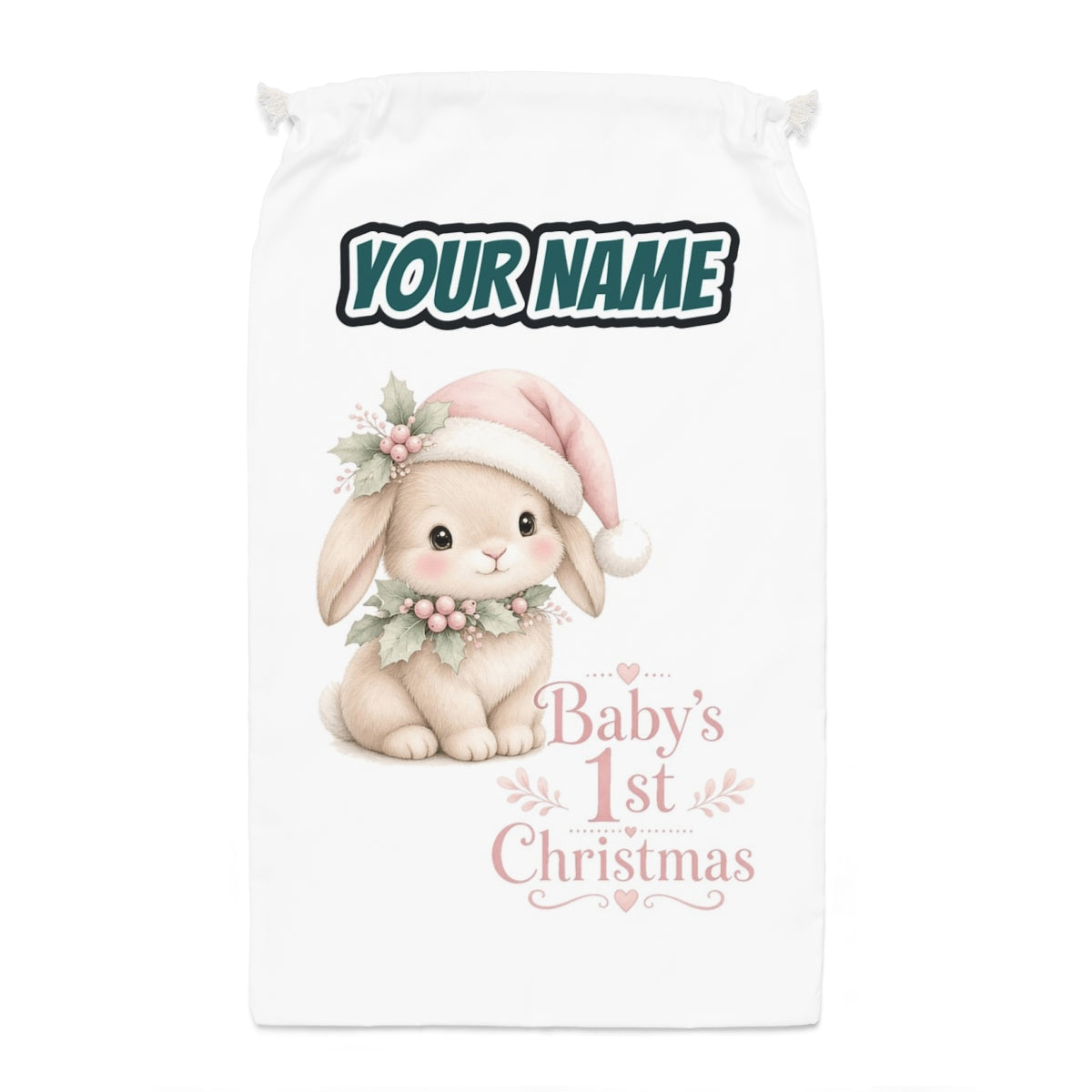 Pink Bunny First Christmas Santa sack laid flat, showing the full print