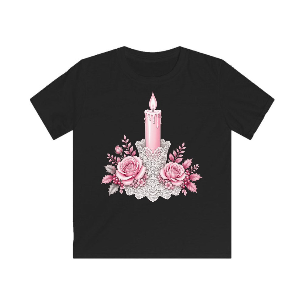 Pink Candle And Roses personalised kids Christmas tee in black