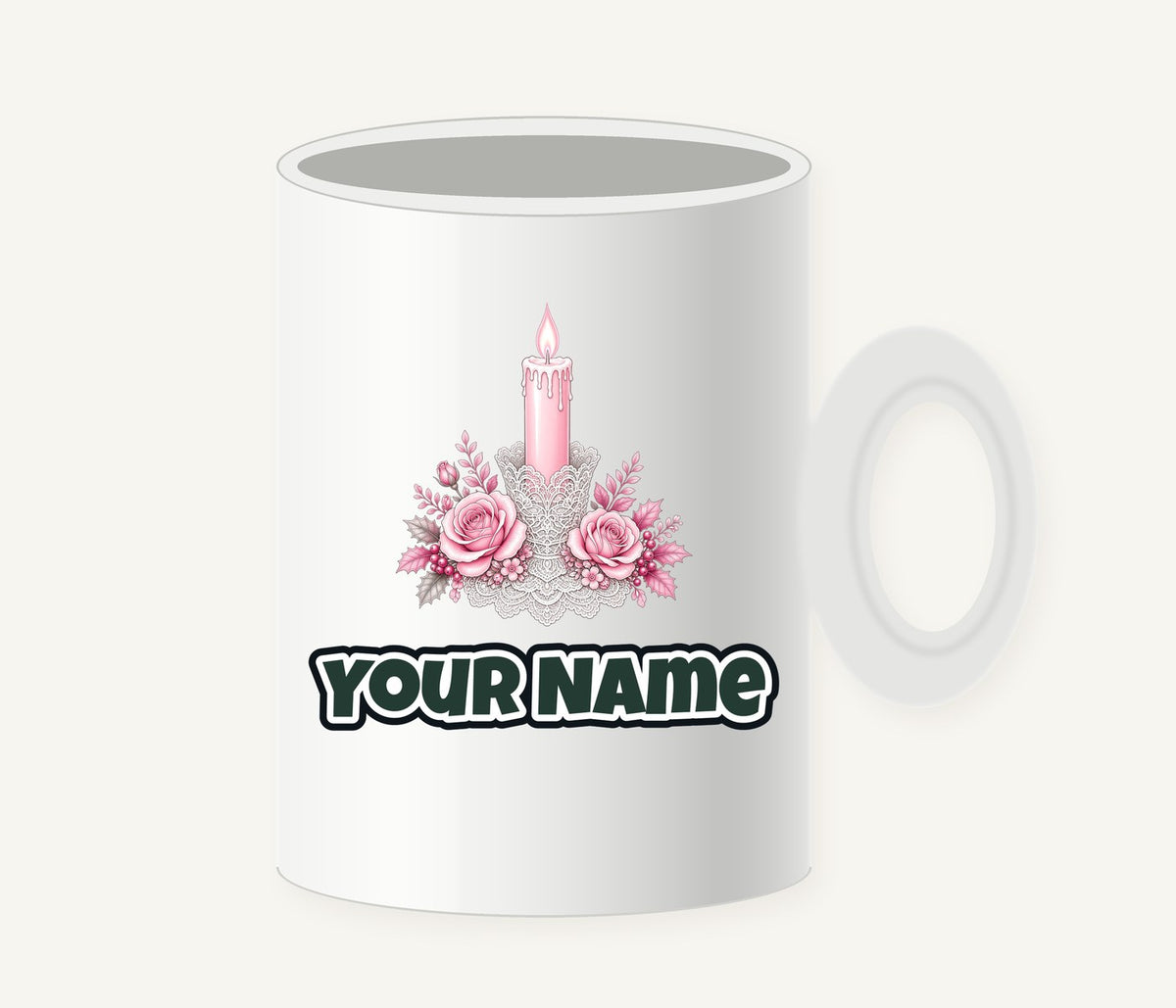 Pink Candle And Roses Personalised Christmas Mug