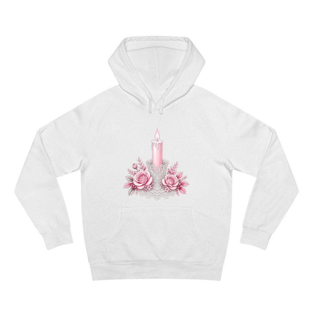 Pink Candle And Roses personalised Christmas hoodie in white