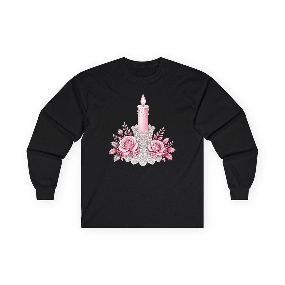 Pink Candle And Roses personalised long sleeve Christmas T-shirt in black