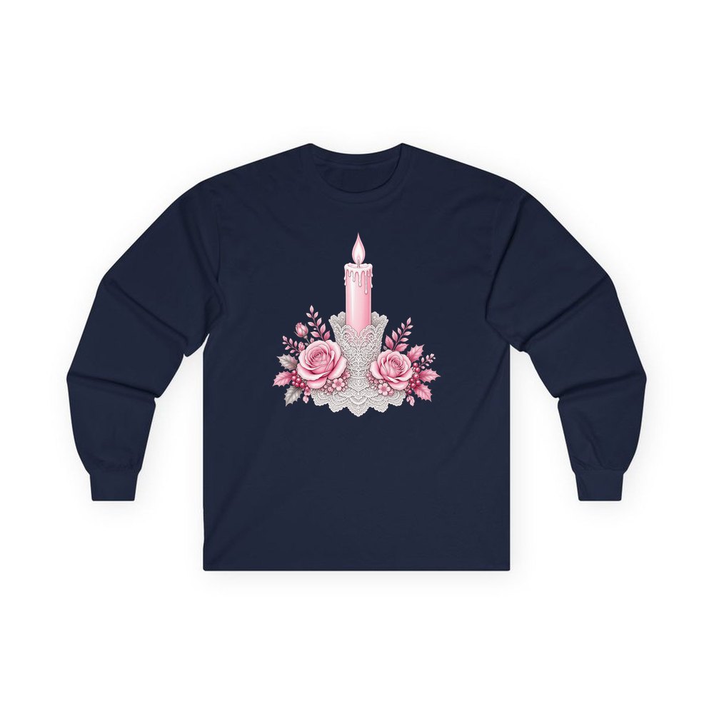 Pink Candle And Roses personalised long sleeve Christmas T-shirt in navy