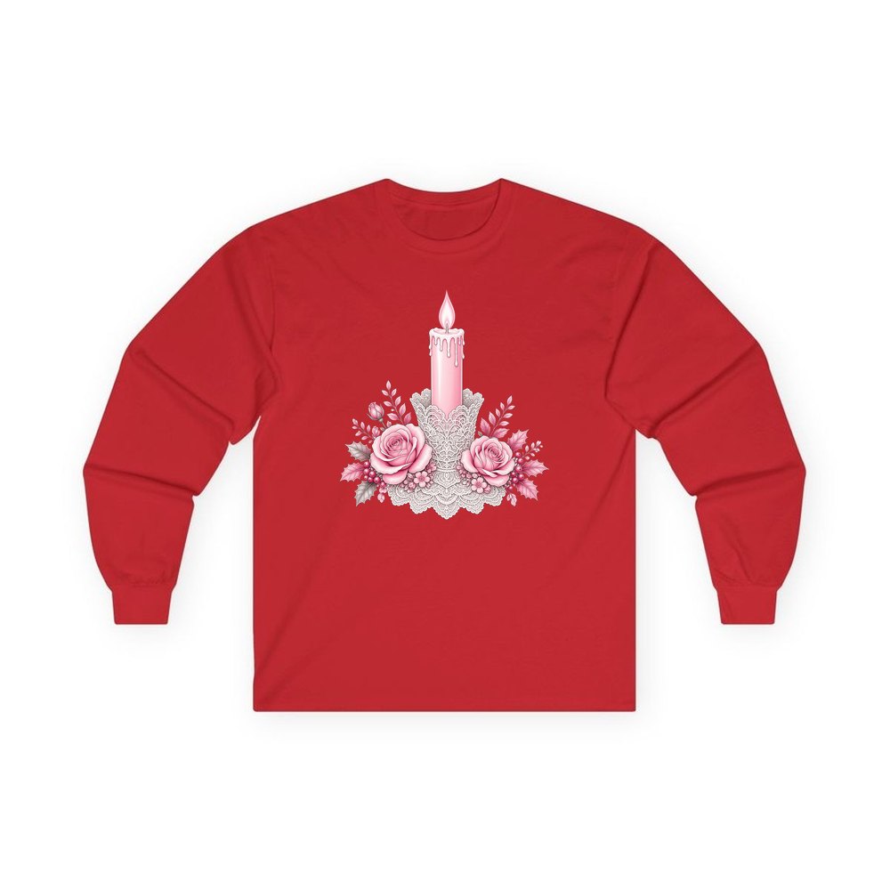 Pink Candle And Roses personalised long sleeve Christmas T-shirt in red