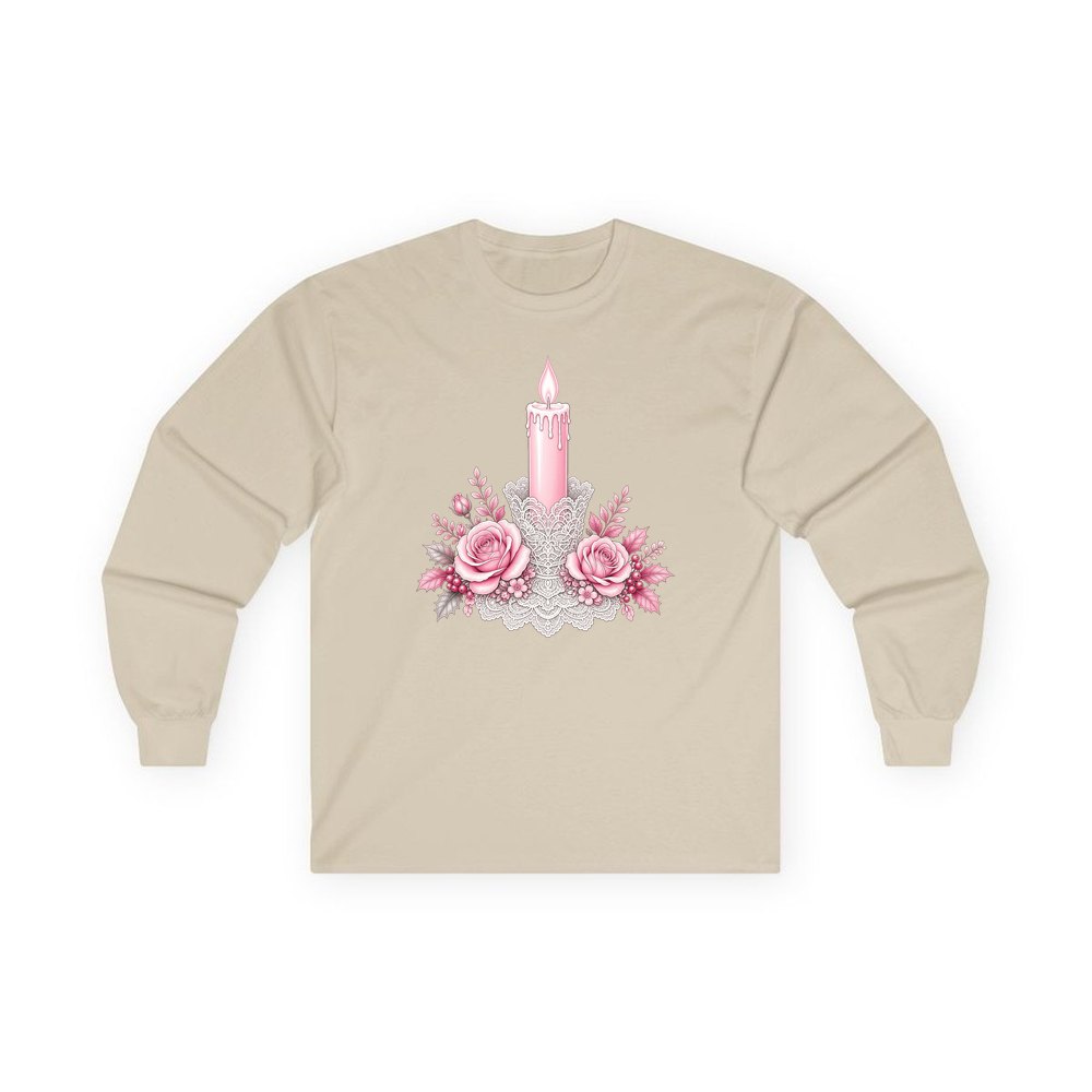Pink Candle And Roses personalised long sleeve Christmas T-shirt in sand