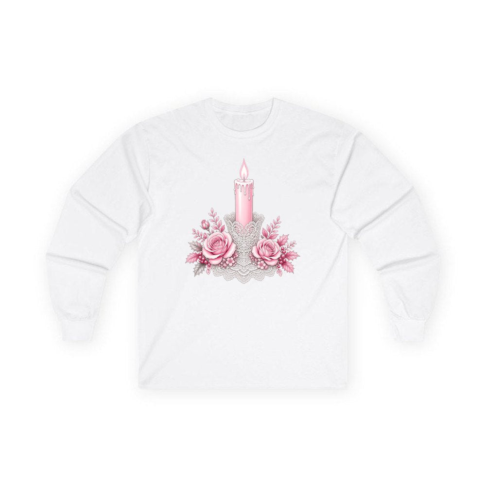 Pink Candle And Roses personalised long sleeve Christmas T-shirt in white