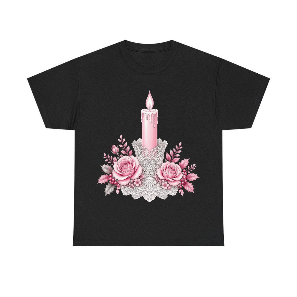 Pink Candle And Roses personalised Christmas T-shirt in black