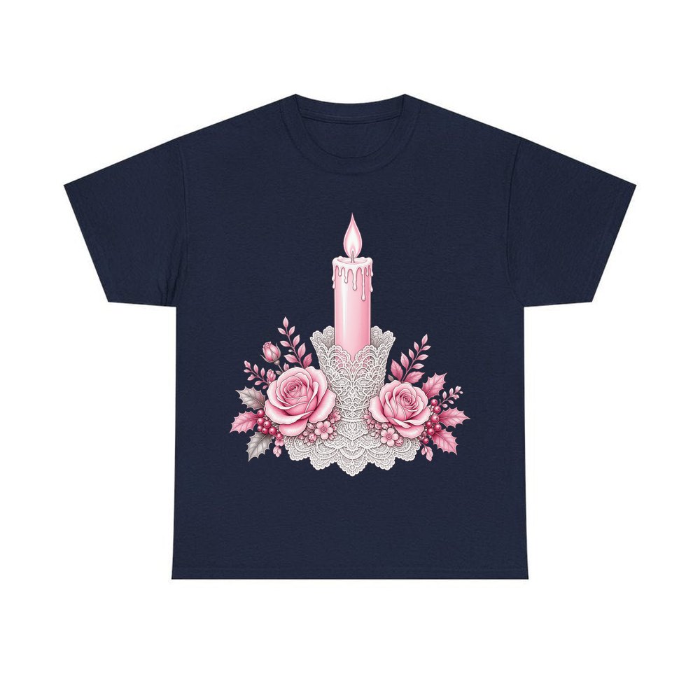 Pink Candle And Roses personalised Christmas T-shirt in navy