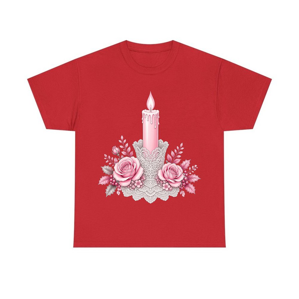Pink Candle And Roses personalised Christmas T-shirt in red