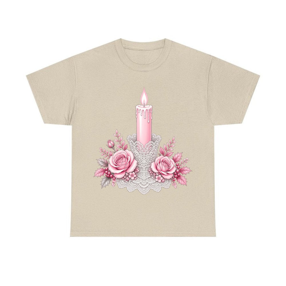 Pink Candle And Roses personalised Christmas T-shirt in sand