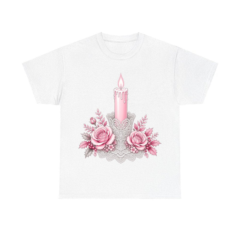 Pink Candle And Roses personalised Christmas T-shirt in white