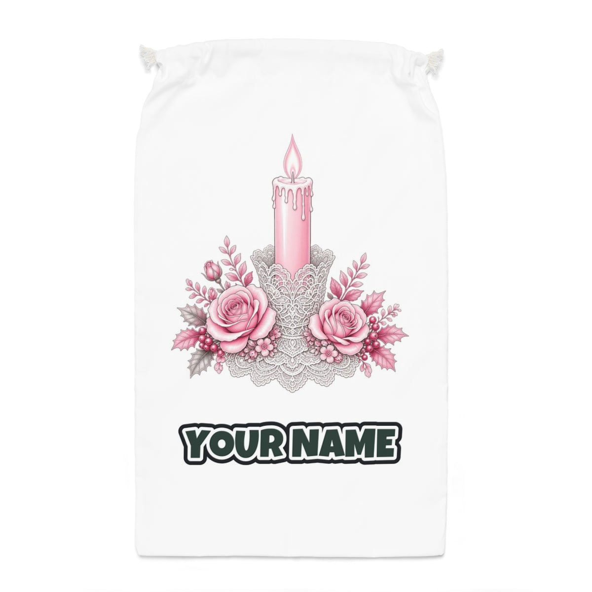 Pink Candle And Roses Santa sack laid flat, showing the full print