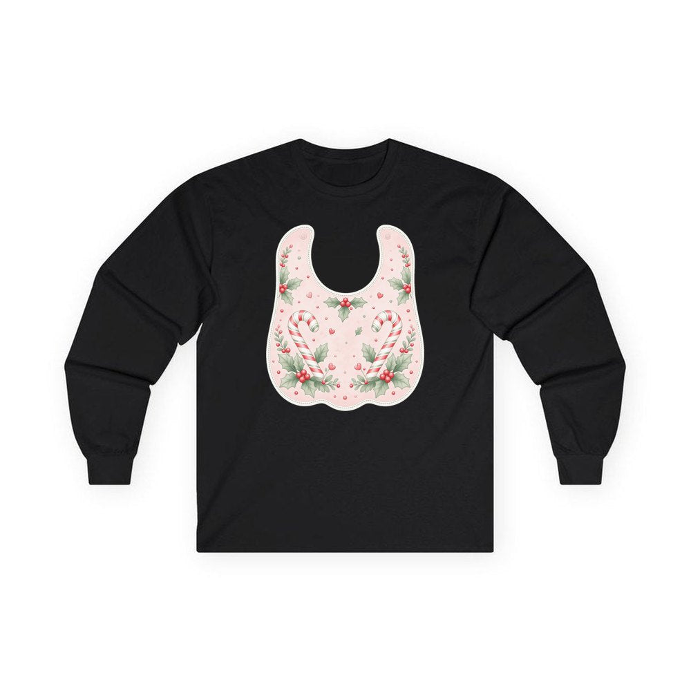 Pink Candy Cane Baby Bib personalised long sleeve Christmas T-shirt in black