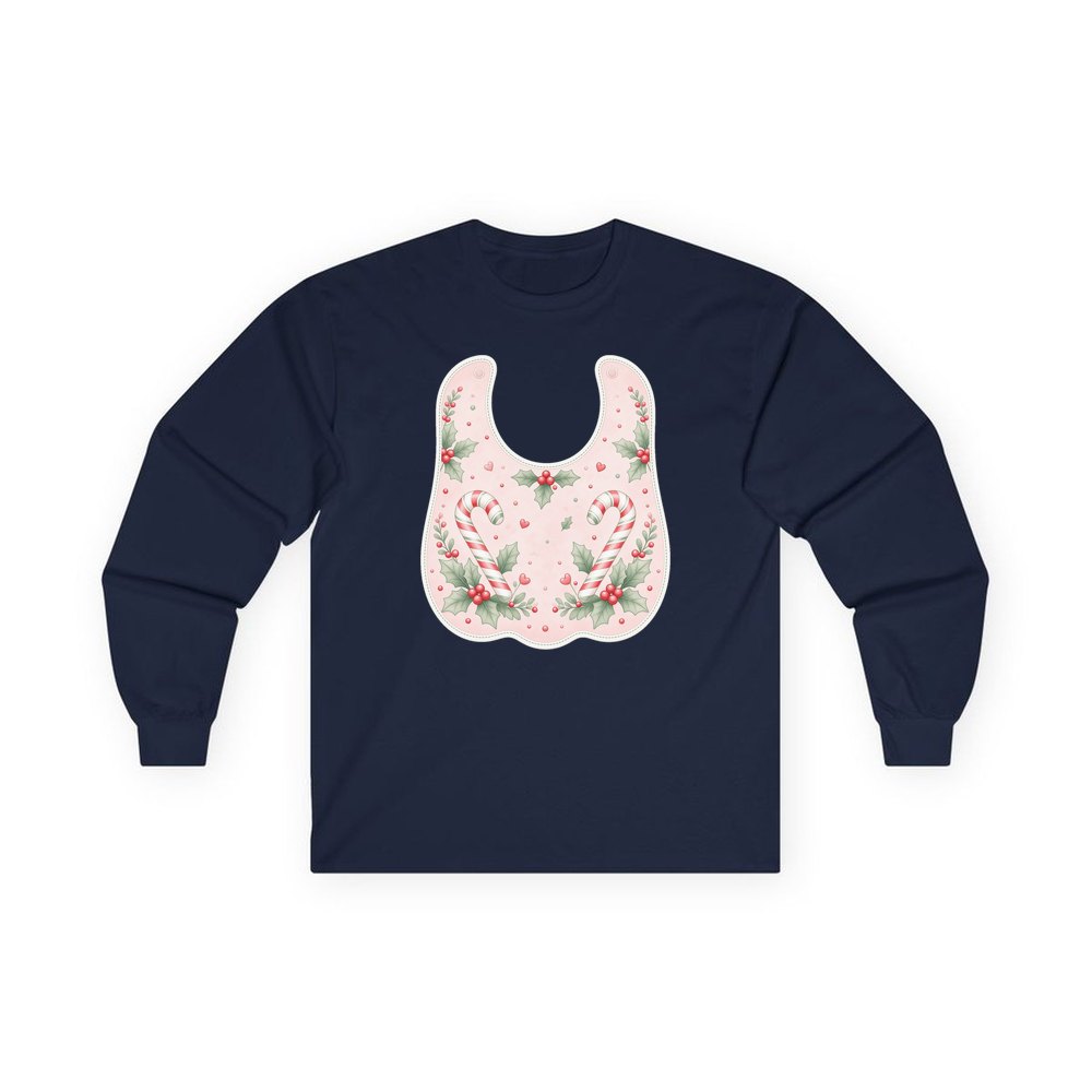 Pink Candy Cane Baby Bib personalised long sleeve Christmas T-shirt in navy