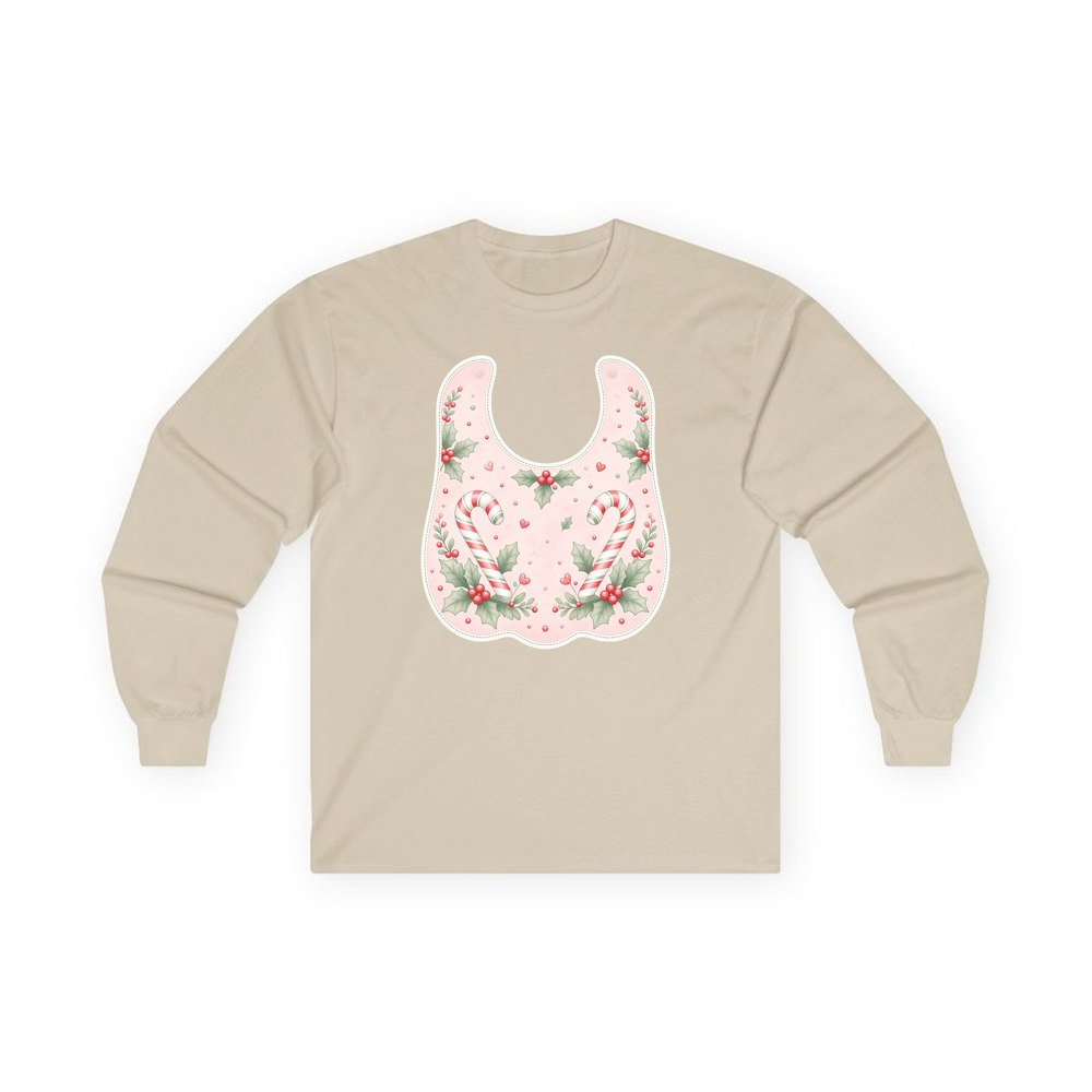 Pink Candy Cane Baby Bib personalised long sleeve Christmas T-shirt in sand